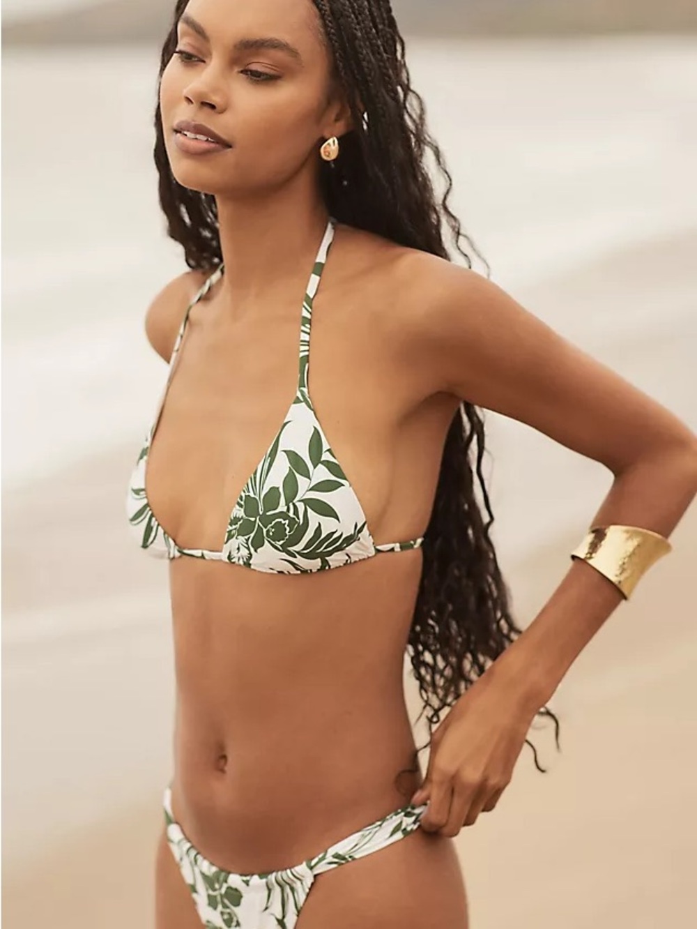 l*space White Triangle Bikini Top with Green Leaf Print
